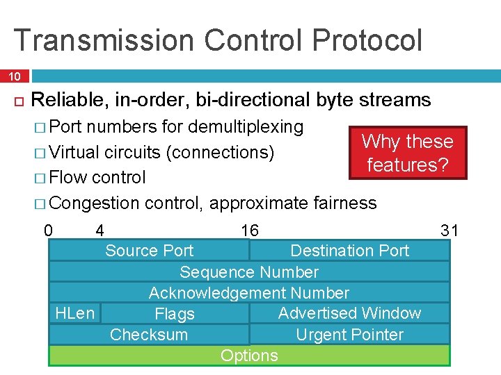 Transmission Control Protocol 10 Reliable, in-order, bi-directional byte streams � Port numbers for demultiplexing