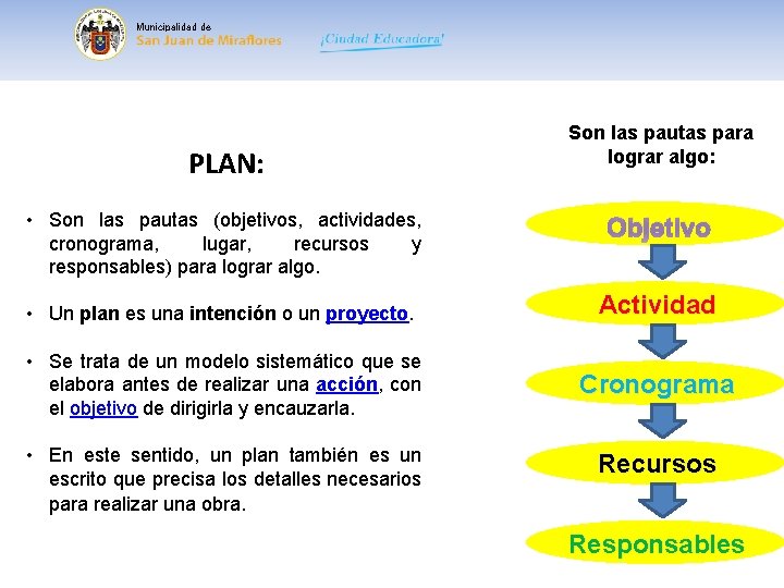 Municipalidad de PLAN: • Son las pautas (objetivos, actividades, cronograma, lugar, recursos y responsables)