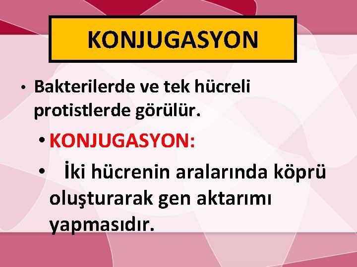 KONJUGASYON • Bakterilerde ve tek hücreli protistlerde görülür. • KONJUGASYON: • İki hücrenin aralarında