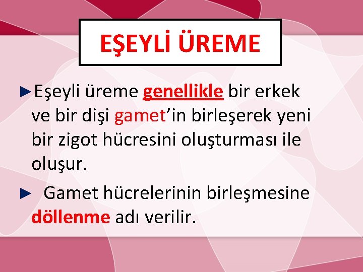 EŞEYLİ ÜREME ►Eşeyli üreme genellikle bir erkek ve bir dişi gamet’in birleşerek yeni bir