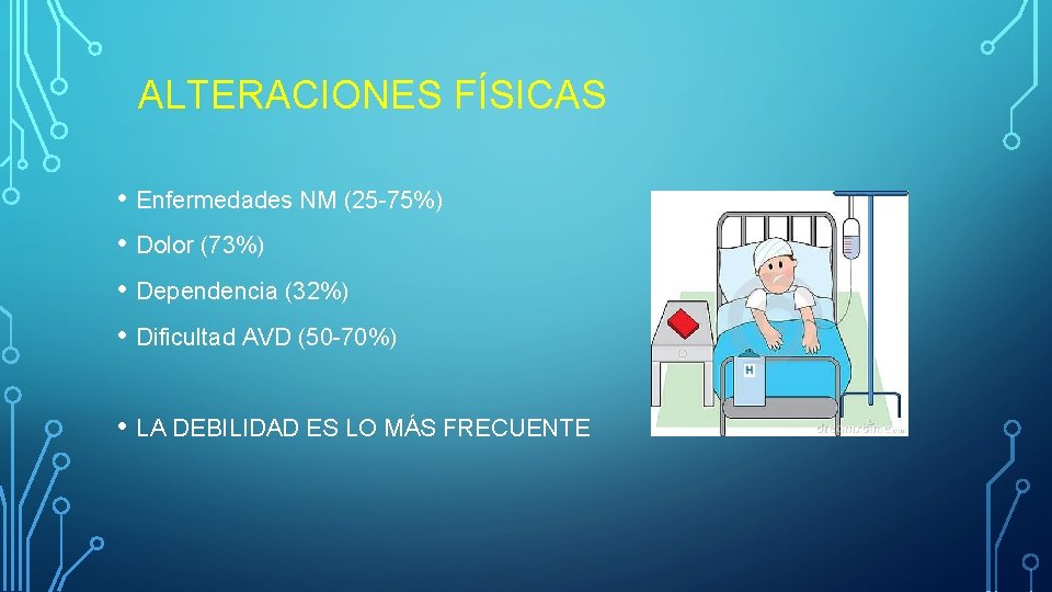ALTERACIONES FÍSICAS • Enfermedades NM (25 -75%) • Dolor (73%) • Dependencia (32%) •
