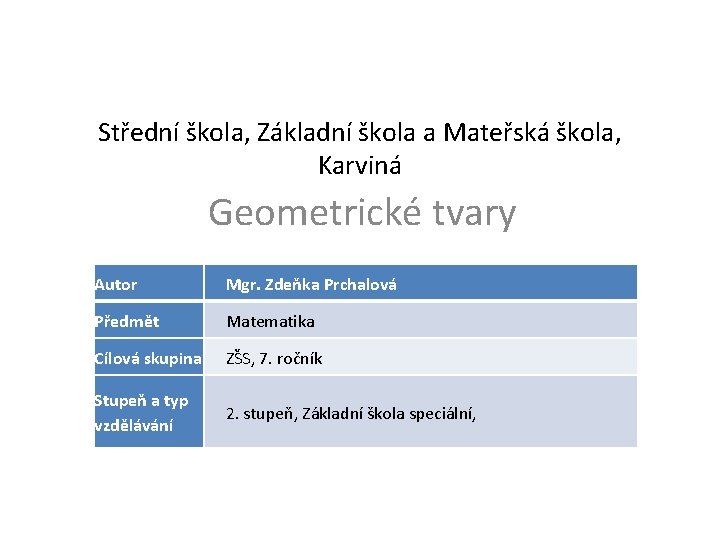 Střední škola, Základní škola a Mateřská škola, Karviná Geometrické tvary Autor Mgr. Zdeňka Prchalová