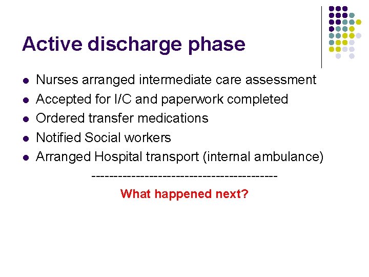 Active discharge phase l l l Nurses arranged intermediate care assessment Accepted for I/C