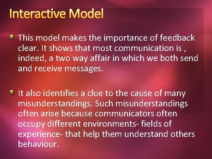 Interactive Model This model makes the importance of feedback clear. It shows that most