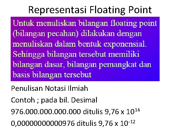 Representasi Floating Point Penulisan Notasi Ilmiah Contoh ; pada bil. Desimal 976. 000 ditulis