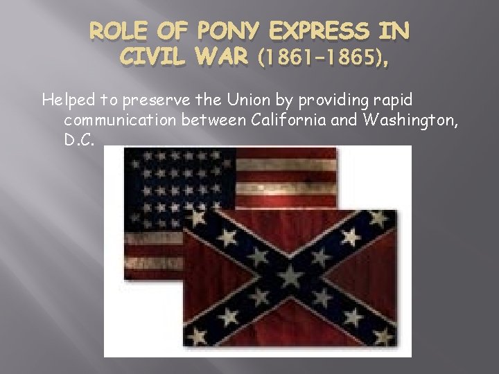 ROLE OF PONY EXPRESS IN CIVIL WAR (1861– 1865), Helped to preserve the Union