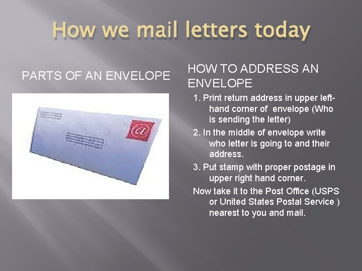 How we mail letters today PARTS OF AN ENVELOPE HOW TO ADDRESS AN ENVELOPE