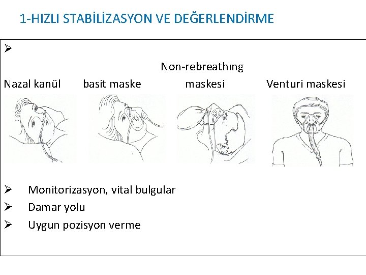 1 -HIZLI STABİLİZASYON VE DEĞERLENDİRME Ø Oksijenizasyon Nazal kanül Ø Ø Ø basit maske