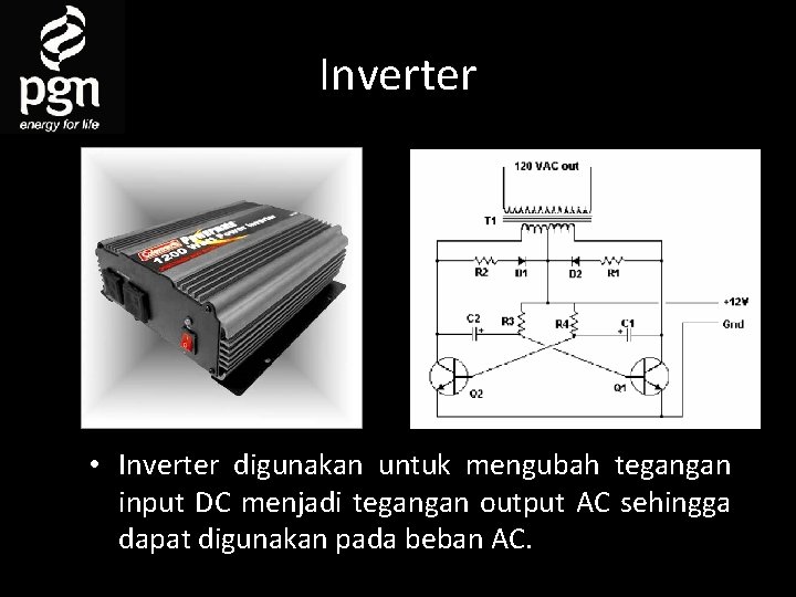 Inverter • Inverter digunakan untuk mengubah tegangan input DC menjadi tegangan output AC sehingga
