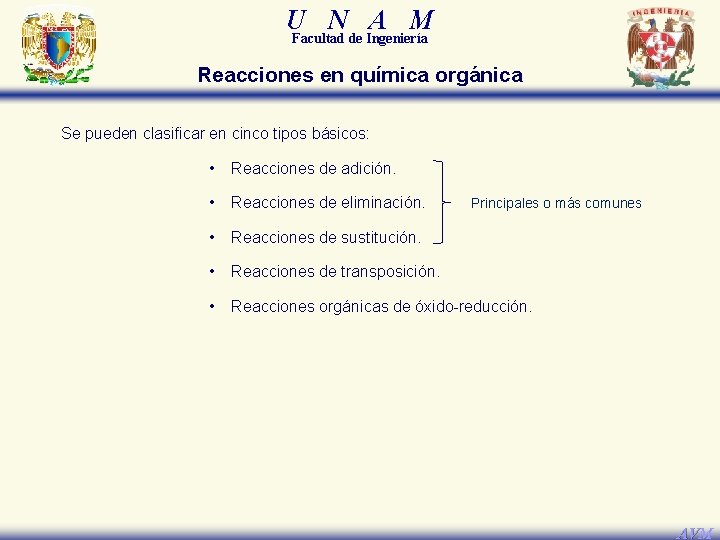 U N A M Facultad de Ingeniería Reacciones en química orgánica Se pueden clasificar