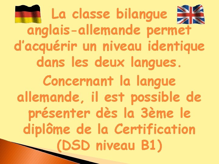 La classe bilangue anglais-allemande permet d’acquérir un niveau identique dans les deux langues. Concernant