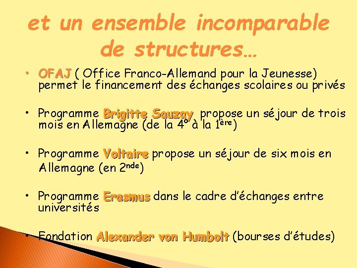 et un ensemble incomparable de structures… • OFAJ ( Office Franco-Allemand pour la Jeunesse)