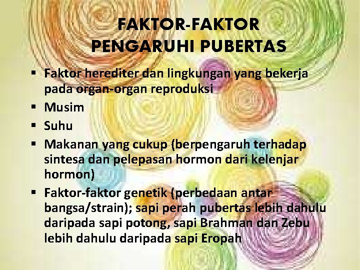 FAKTOR-FAKTOR PENGARUHI PUBERTAS Faktor herediter dan lingkungan yang bekerja pada organ-organ reproduksi Musim Suhu