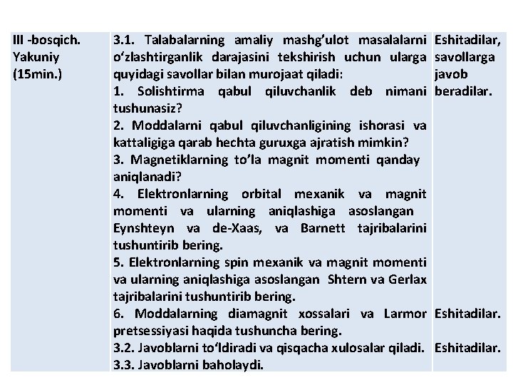 III -bosqich. Yakuniy (15 min. ) 3. 1. Talabalarning amaliy mashg’ulot masalalarni o‘zlashtirganlik darajasini