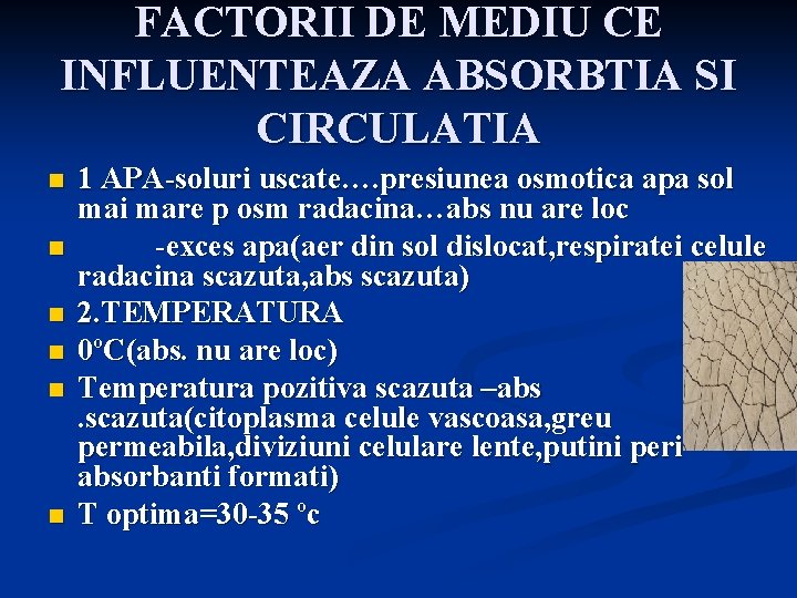 FACTORII DE MEDIU CE INFLUENTEAZA ABSORBTIA SI CIRCULATIA n n n 1 APA-soluri uscate….