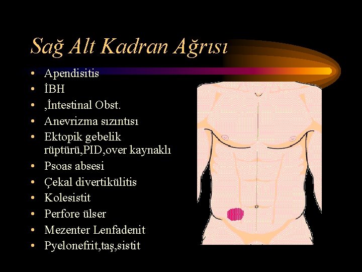 Sağ Alt Kadran Ağrısı • • • Apendisitis İBH , İntestinal Obst. Anevrizma sızıntısı