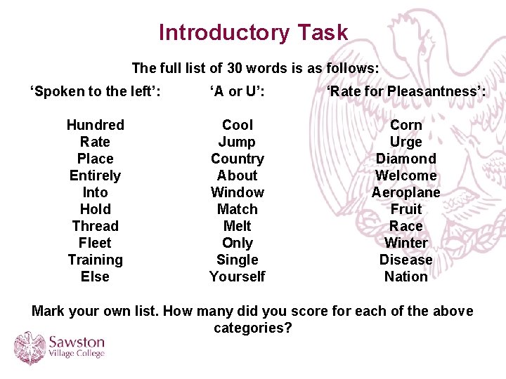 Introductory Task The full list of 30 words is as follows: ‘Spoken to the