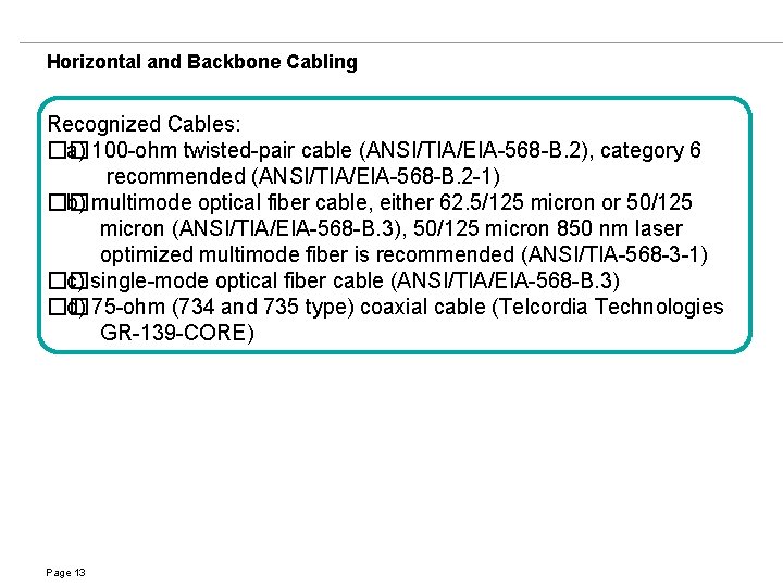 Horizontal and Backbone Cabling Recognized Cables: �� a) 100 -ohm twisted-pair cable (ANSI/TIA/EIA-568 -B.