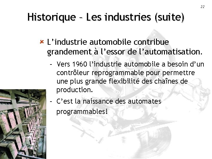 22 Historique – Les industries (suite) û L’industrie automobile contribue grandement à l’essor de