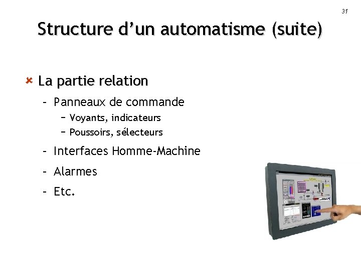 31 Structure d’un automatisme (suite) û La partie relation – Panneaux de commande −