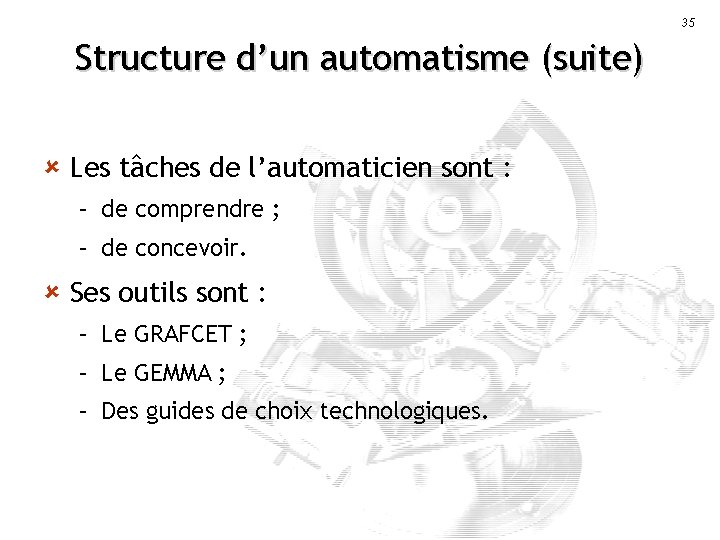 35 Structure d’un automatisme (suite) û Les tâches de l’automaticien sont : – de