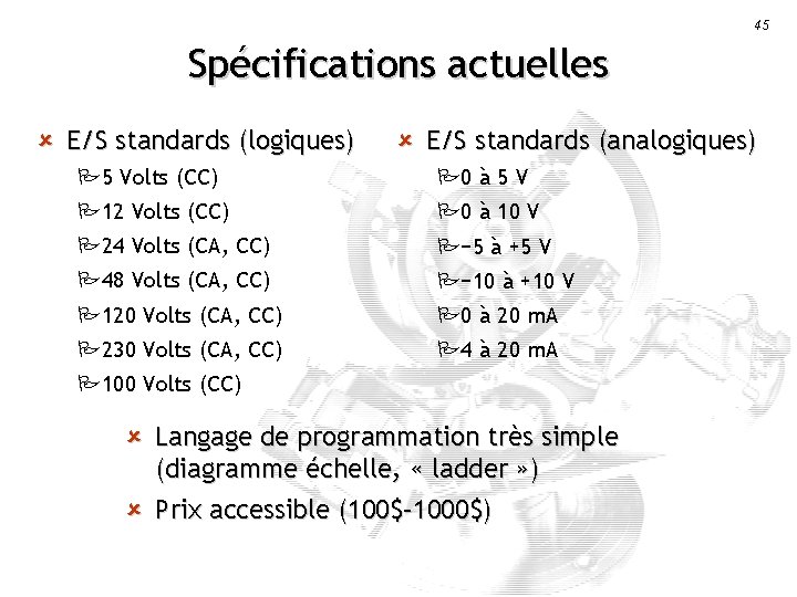 45 Spécifications actuelles û E/S standards (logiques) û E/S standards (analogiques) P 5 Volts