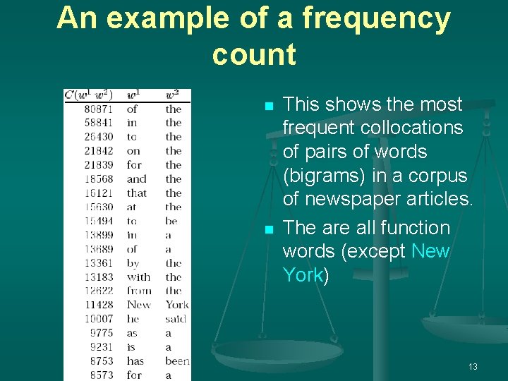 An example of a frequency count n n This shows the most frequent collocations An example of a frequency count n n This shows the most frequent collocations