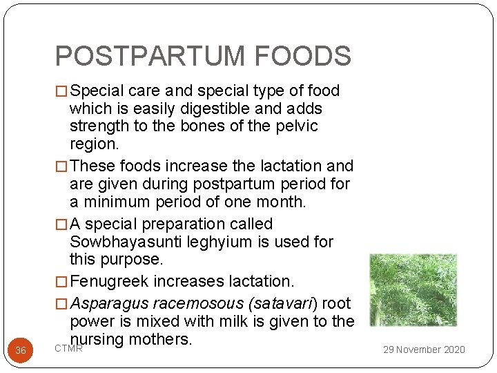 POSTPARTUM FOODS � Special care and special type of food 36 which is easily