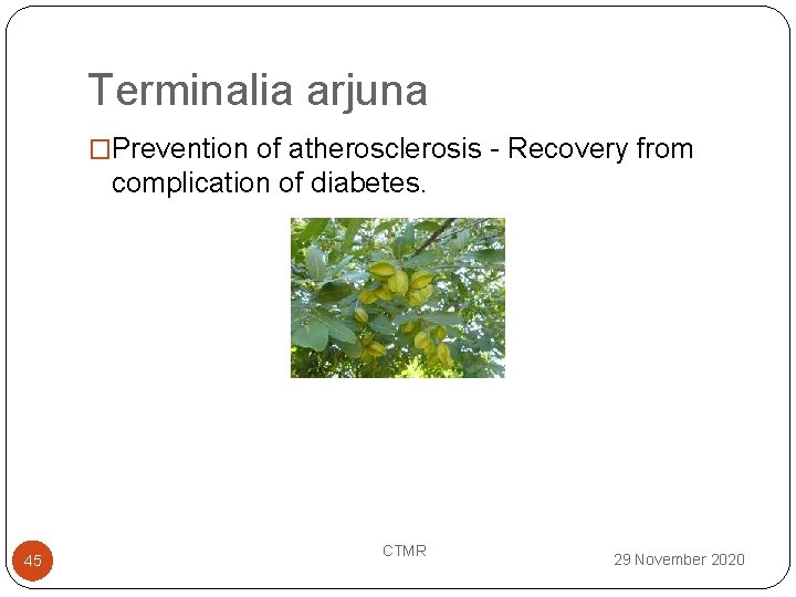 Terminalia arjuna �Prevention of atherosclerosis - Recovery from complication of diabetes. 45 CTMR 29