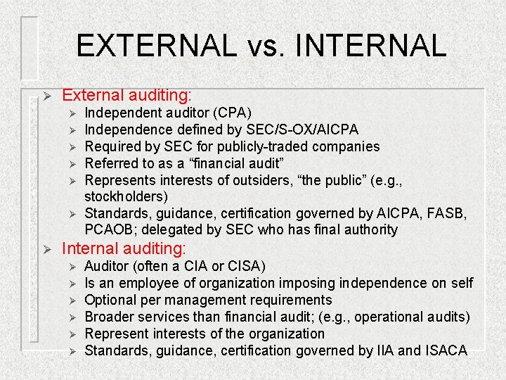 EXTERNAL vs. INTERNAL Ø External auditing: Ø Ø Ø Ø Independent auditor (CPA) Independence EXTERNAL vs. INTERNAL Ø External auditing: Ø Ø Ø Ø Independent auditor (CPA) Independence