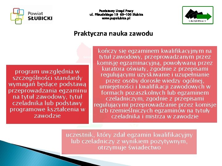 Powiatowy Urząd Pracy ul. Piłsudskiego 19 69 -100 Słubice www. pupslubice. pl Praktyczna nauka