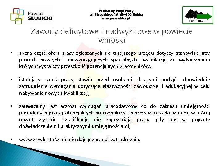 Powiatowy Urząd Pracy ul. Piłsudskiego 19 69 -100 Słubice www. pupslubice. pl Zawody deficytowe