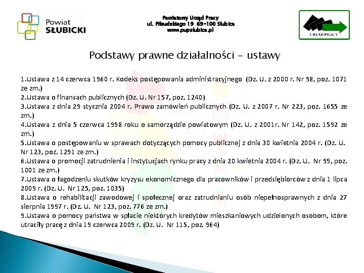 Powiatowy Urząd Pracy ul. Piłsudskiego 19 69 -100 Słubice www. pupslubice. pl Podstawy prawne