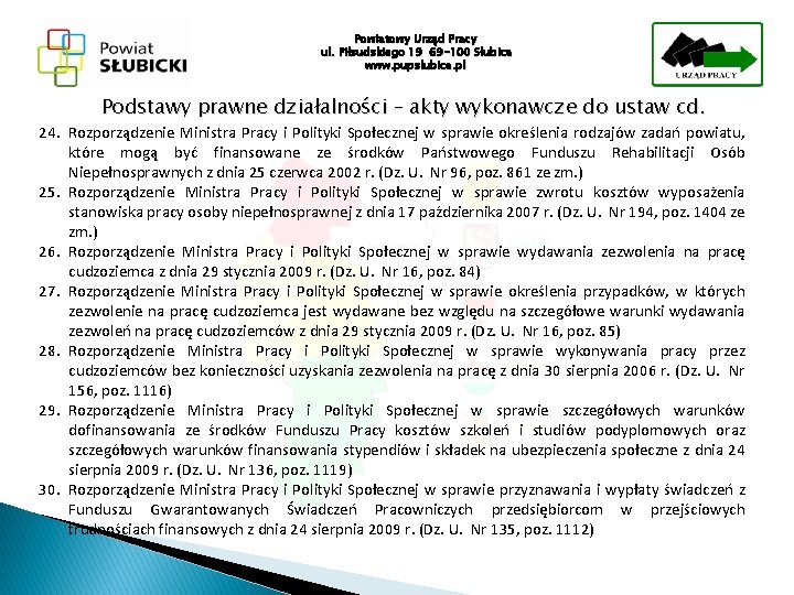 Powiatowy Urząd Pracy ul. Piłsudskiego 19 69 -100 Słubice www. pupslubice. pl Podstawy prawne
