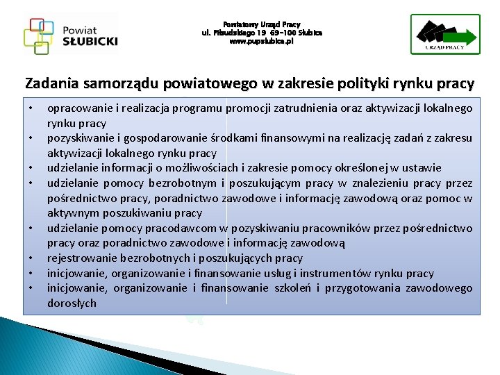 Powiatowy Urząd Pracy ul. Piłsudskiego 19 69 -100 Słubice www. pupslubice. pl Zadania samorządu