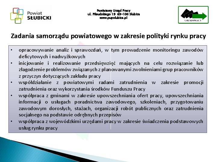 Powiatowy Urząd Pracy ul. Piłsudskiego 19 69 -100 Słubice www. pupslubice. pl Zadania samorządu