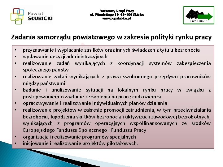 Powiatowy Urząd Pracy ul. Piłsudskiego 19 69 -100 Słubice www. pupslubice. pl Zadania samorządu