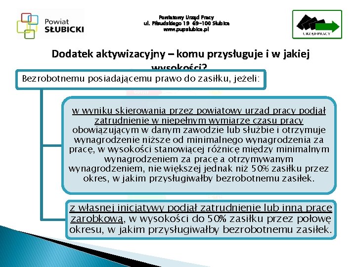 Powiatowy Urząd Pracy ul. Piłsudskiego 19 69 -100 Słubice www. pupslubice. pl Dodatek aktywizacyjny