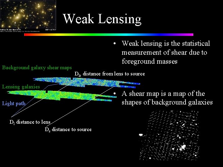 Weak Lensing • Weak lensing is the statistical measurement of shear due to foreground