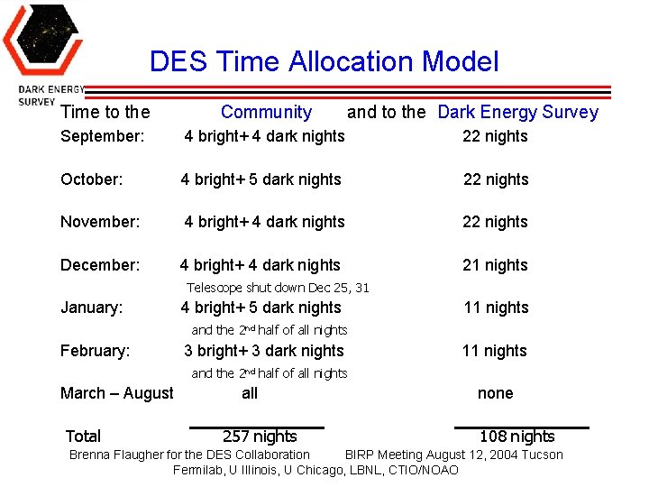 DES Time Allocation Model Time to the Community and to the Dark Energy Survey
