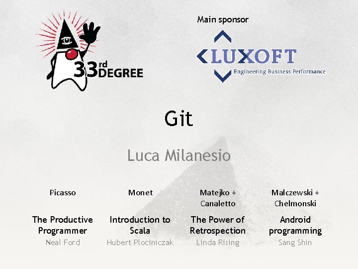 Main sponsor Git Luca Milanesio Picasso Monet Matejko + Canaletto Malczewski + Chelmonski The