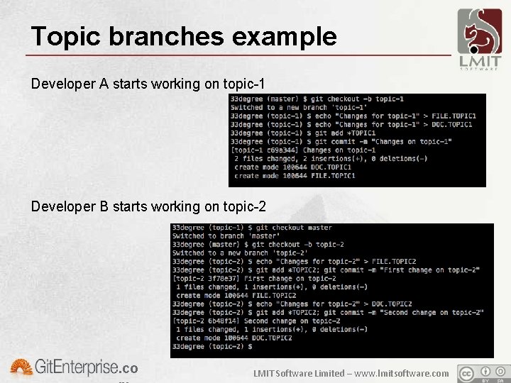 Topic branches example Developer A starts working on topic-1 Developer B starts working on
