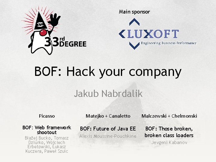Main sponsor BOF: Hack your company Jakub Nabrdalik Picasso Matejko + Canaletto Malczewski +