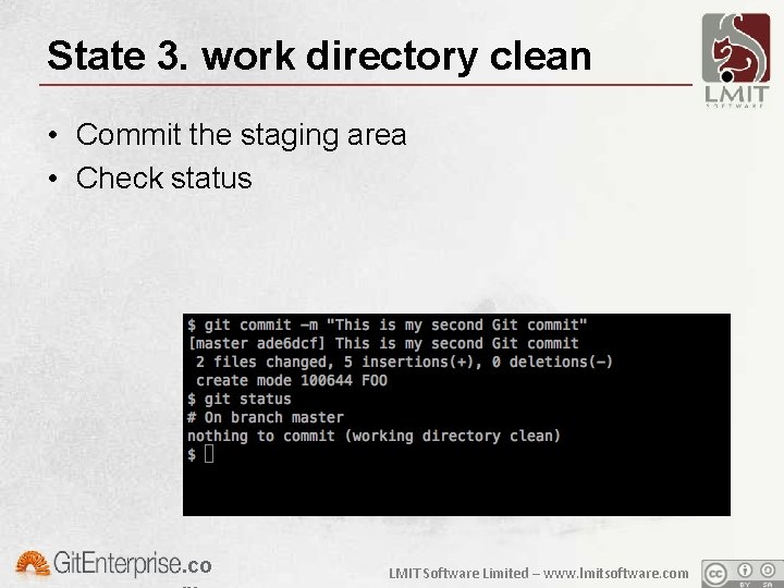 State 3. work directory clean • Commit the staging area • Check status .