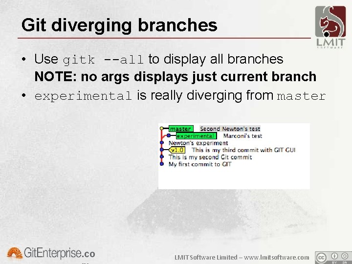 Git diverging branches • Use gitk --all to display all branches NOTE: no args