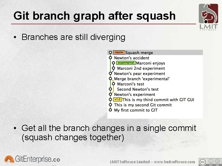 Git branch graph after squash • Branches are still diverging • Get all the