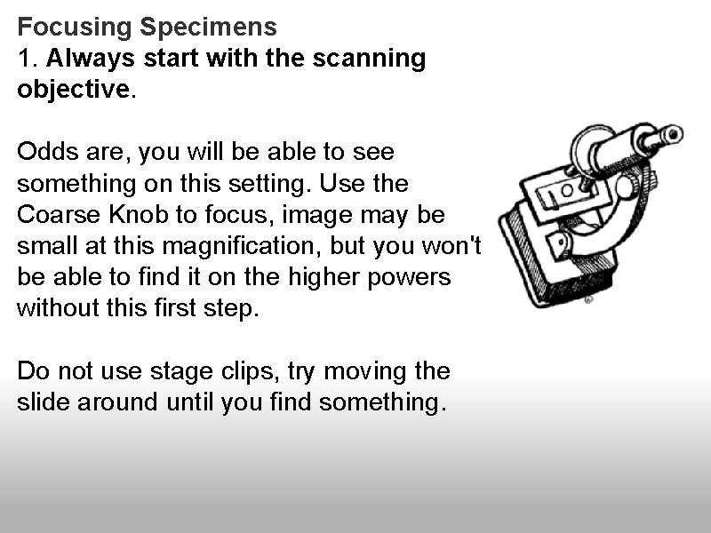 Focusing Specimens 1. Always start with the scanning objective. Odds are, you will be Focusing Specimens 1. Always start with the scanning objective. Odds are, you will be