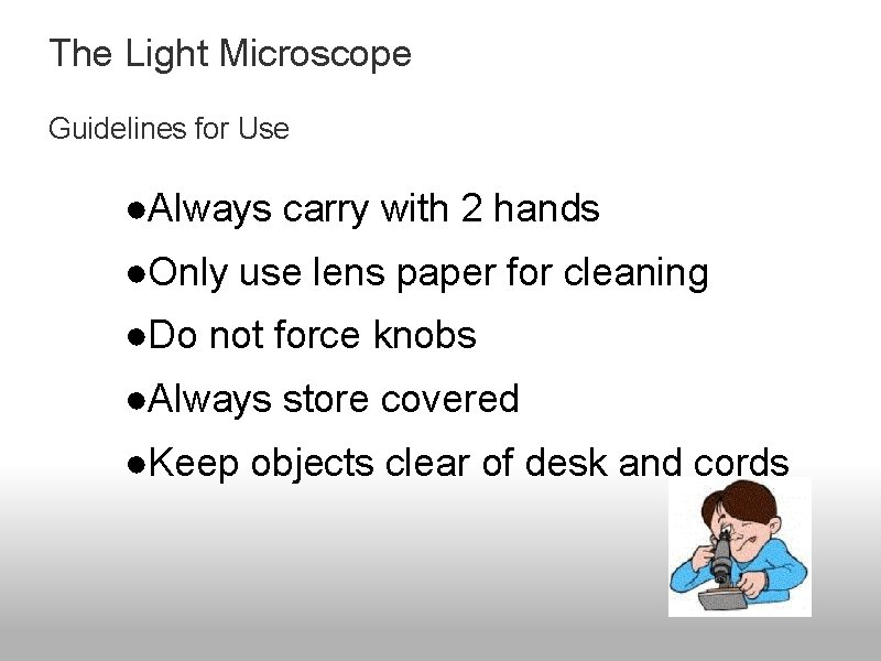 The Light Microscope Guidelines for Use ●Always carry with 2 hands ●Only use lens The Light Microscope Guidelines for Use ●Always carry with 2 hands ●Only use lens