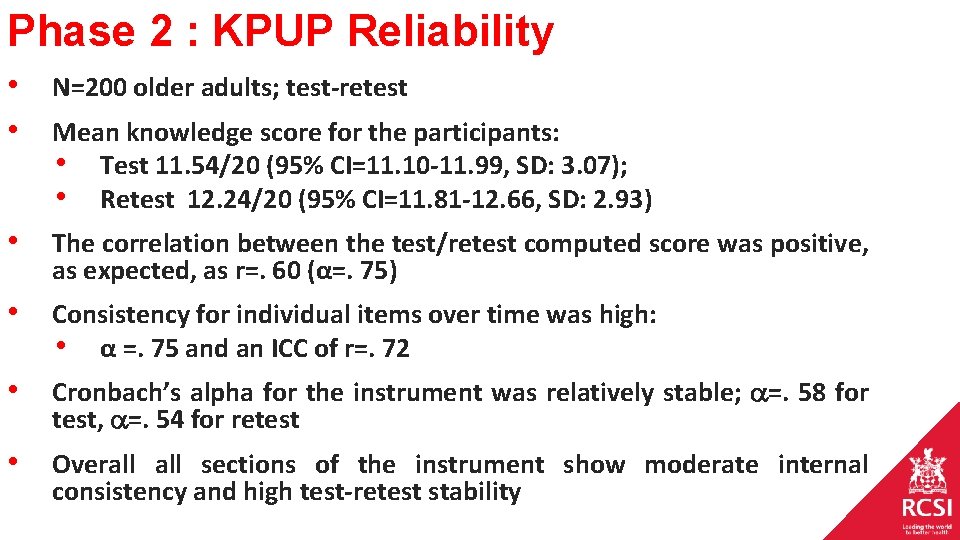 Phase 2 : KPUP Reliability • N=200 older adults; test-retest • Mean knowledge score Phase 2 : KPUP Reliability • N=200 older adults; test-retest • Mean knowledge score