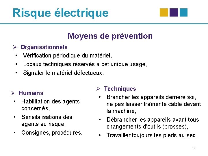 Risque électrique Moyens de prévention Ø • • • Organisationnels Vérification périodique du matériel,